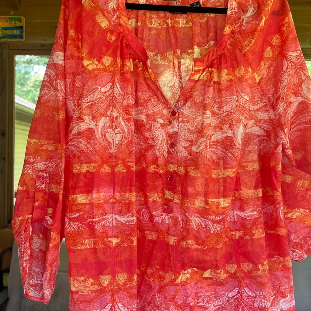 Westbound Coral Red Printed Button-Front Blouse